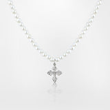 PEARL NECKLACE WITH SMALL GOTHIC CROSS PENDANT