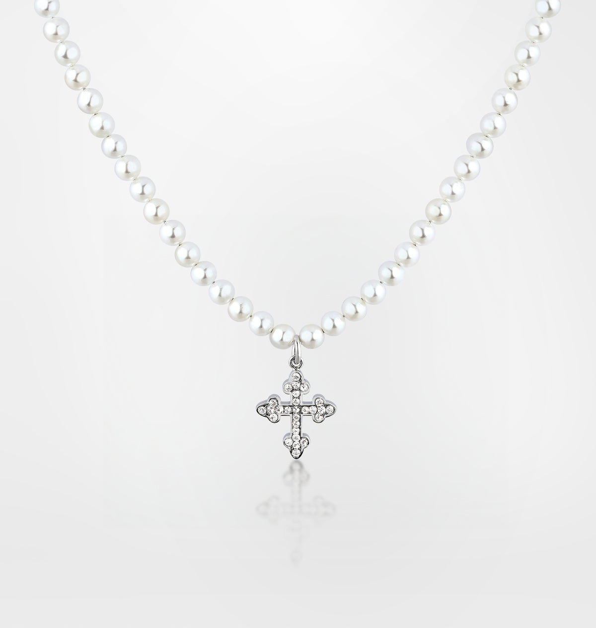 PEARL NECKLACE WITH SMALL GOTHIC CROSS PENDANT